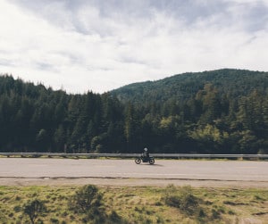 motorcyclist rides through forested mountains, representing the carbon offsets provided by 3Degrees