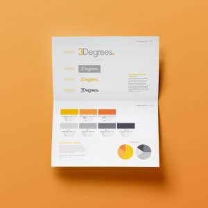 Spread from 3Degrees brand style guide outlining brand colors and logo guidelines