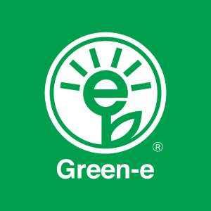 White logo of Green-e against green background to demonstrate their partnership with 3Degrees