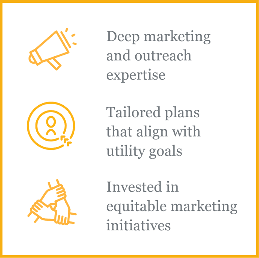 3Degrees Utility Partnerships can provide deep marketing and outreach experience; Tailored plans that align with utility goals; Invested in equitable marketing initiatives.