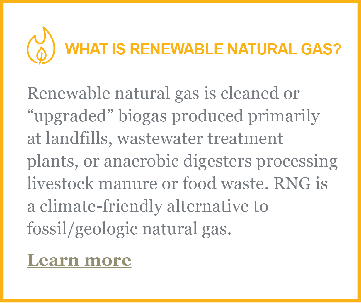 What is Renewable Natural Gas? Renewable natural gas is cleaned or upgraded biogas produced primarily at landfills, wastewater treatment plants, or anaerobic digesters processing livestock manure or food waste. RNG is a climate-friendly alternative to fossil/geologic natural gas. Click this image to learn more.