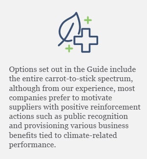 Options set out in the Guide include the entire carrot-to-stick spectrum, although from our experience, most companies prefer to motivate suppliers with positive reinforcement actions such as public recognition and provisioning various business benefits tied to climate-related performance.