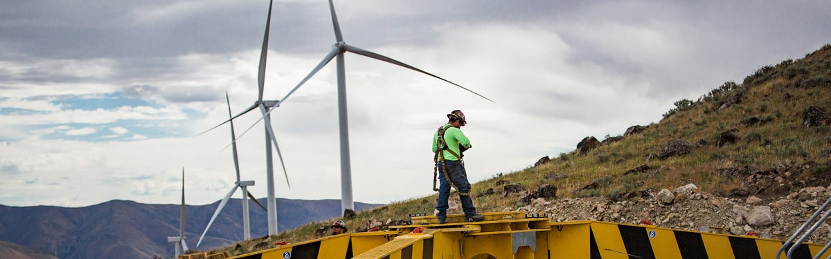 Construction working building new wind turbine at Huntington Wind Project